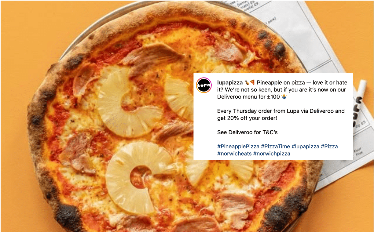 Pineapple on pizza — love it or hate it? We’re not so keen, but if you are it’s now on our Deliveroo menu for £100