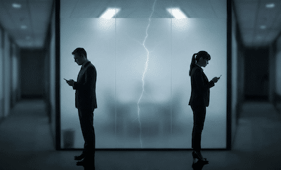 A photographic image of two colleagues in business attire standing in a dimly lit, blurred office corridor. They are facing away from each other, looking at their phones, with a large, transparent, frosted glass wall between them that has a faint, glowing crack down the middle, symbolizing an emotional and professional distance. The overall tone is somber and isolated.