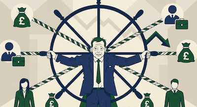 a stressed business owner in a suit is acting as the hub of a wheel, holding onto multiple ropes attached to employees, clients, and money bags acting as spokes.