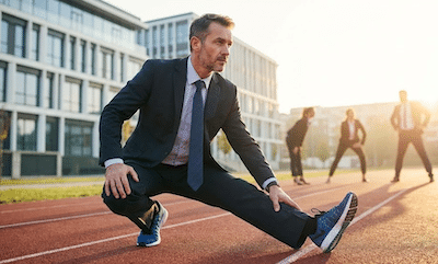 A photo of a business professional, a man in his late 40s, wearing a suit and tie, but he is also wearing athletic running shoes and is stretching on a running track. He has a determined expression. In the background, there is a modern office building and other blurred figures of people also in business attire doing warm-up exercises. The sun is rising, casting a warm glow.