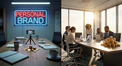 a chaotic desk with a "Personal Brand" neon sign, a smartphone recording a video, and a small stack of gold coins. On the right side, a clean, organised boardroom with a team working together (no owner present), and a significantly larger, taller stack of gold coins.
