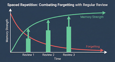 Infographic illustration showing a forgetting curve graph with an upward trend line labeled 'Memory Strength' and a downward curve labeled 'Forgetting.' Multiple vertical bars along the horizontal axis labeled 'Time' and 'Review 1,' 'Review 2,' 'Review 3' show a boost back up the memory strength curve at spaced intervals, demonstrating how spaced repetition combats forgetting. The text 'Spaced Repetition: Combating Forgetting with Regular Review' is at the top.
