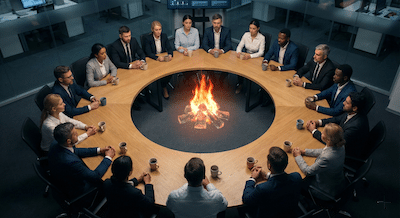 A top-down photograph of a round, modern oak conference table. Twenty diverse businesspeople are seated around it with coffee mugs. In the exact center of the table, instead of a floral arrangement, there is a warm, glowing holographic projection of a primitive campfire. The warm light from the fire illuminates the faces of the attendees, creating a sense of shared intimacy and safety in a sterile office environment.