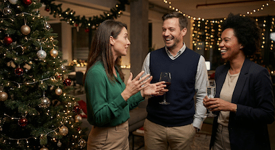 A candid, documentary-style medium shot of three colleagues laughing together at an office Christmas party. They are standing near a decorated tree, holding glasses of red wine and sparkling water. One woman is gesturing with her hands while telling a story, and the others are listening with genuine amusement. Their postures are relaxed and open. There are no business cards in sight. The background is slightly blurred (bokeh) holiday lights.