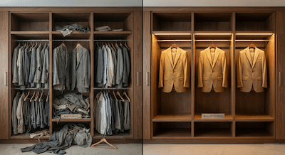 A split-screen architectural interior shot of a wardrobe. The left half of the image shows the wardrobe stuffed to bursting with old, grey, moth-eaten, and wrinkled suits (representing bad clients). The right half of the image shows the same wardrobe space but it is minimalist and airy, containing only three luxurious, high-end golden-hued tailored suits hanging perfectly with plenty of space between them. The image symbolises "clearing out the old to make room for quality."