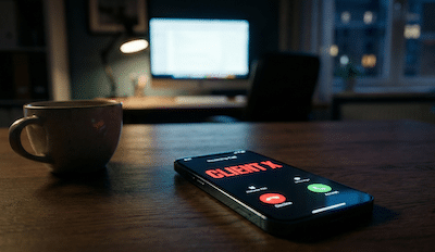 A close-up, depth-of-field photograph of a modern smartphone lying on a wooden desk next to a coffee cup. The screen is lit up with an incoming call notification. The contact name on the screen is simply "CLIENT X" in red, urgent text. The background is slightly blurred but shows a late-night office setting. The lighting is moody, focusing on the phone screen to evoke a sense of tension or the "gulp factor."