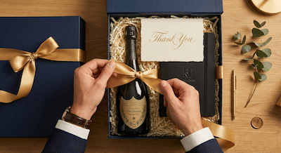 A flat-lay overhead photograph of a premium "New Year" business care package being prepared on a desk. The box includes a hand-written card with "Thank You" in elegant calligraphy, a bottle of high-end champagne, and a Moleskine notebook. The hands of a professional are tying a gold ribbon around the box. The image conveys gratitude, luxury, and high-touch service. The lighting is warm and inviting.