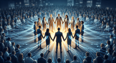 A conceptual illustration showing a tight, glowing inner circle of about 15 distinct business people holding hands. From this core group, thousands of glowing, thread-like optical fibers fan out exponentially, connecting them to a massive, blurred crowd of countless anonymous faces in the background. The image visually represents a small trust network bridging into a massive unknown population.