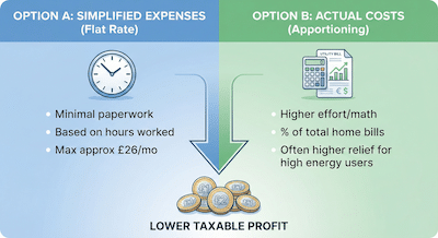 A clean, digital infographic illustration with a split background. The left side has a blue color header titled "OPTION A: SIMPLIFIED EXPENSES (Flat Rate)". Below it is an icon of a clock and three bullet points with text: "Minimal paperwork", "Based on hours worked", "Max approx £26/mo". The right side has a green color header titled "OPTION B: ACTUAL COSTS (Apportioning)". Below it is an icon of a calculator sitting on top of a utility bill with an energy graph, and bullet points with text: "Higher effort/math", "% of total home bills", "Often higher relief for high energy users". A central arrow points from both options down to a stylized pile of British coins labeled "LOWER TAXABLE PROFIT". The overall style is clean, modern financial graphics.
