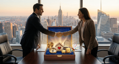 Two professionals shaking hands over a polished, high-end conference table. The background is a panoramic city view window. On the table between them is an open, velvet-lined presentation box that is glowing warmly. Inside the box are five distinct, symbolic objects: a compass (Fit), a miniature house with a heart (Family), an open birdcage (Freedom), a stack of gold coins (Fortune), and a colorful party popper (Fun).