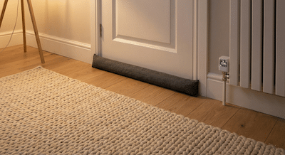 An interior shot focusing on the lower half of a home office. In the foreground, on a light oak wooden floor, a thick textured wool rug covers most of the space. Pushed tightly against the bottom of a white internal door is a fabric draft excluder in a herringbone pattern. Immediately next to the door, a white modern radiator is fitted with a sleek, digital smart thermostat valve displaying the time "17:45" and a "sleep mode" moon icon. The lighting is ambient and warm.