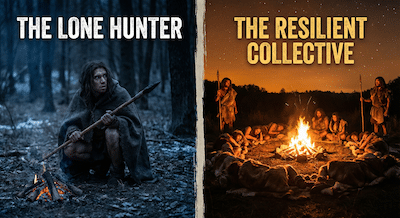 A split-frame photograph. On the left side, labeled "THE LONE HUNTER," a single, tense prehistoric human figure sits huddled by a dying ember in a vast, dark, threatening wilderness, spear clutched tight, looking terrified over their shoulder. On the right side, labeled "THE RESILIENT COLLECTIVE," a group of early humans sleeps peacefully in a pile around a large, roaring, protected campfire, with two guards standing watchfully at the perimeter. The color palette on the left is cold blues and blacks; on the right, warm oranges and yellows.