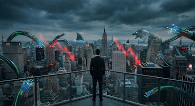 A wide-angle landscape photograph of a lone business executive in a suit standing on a high rise balcony, looking out over a dense, metaphorical "jungle" of skyscrapers. The city below is a chaotic mix of tangled fiber optic cables, aggressive holographic stock market red arrows plummeting, and predatory digital icons floating between buildings. The sky is moody and overcast. The executive looks small against the scale of the modern threats.