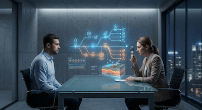 An eye-level shot inside a modern, minimalist interview room. A hiring manager is looking at a candidate across a glass table. Between them, floating in the air, is a holographic projection of a timeline. The timeline is glowing and shows a series of interconnected milestones stretching back years, revealing layers of past achievements and challenges like a geological cross-section. The manager holds a magnifying glass, looking closely at one section of the timeline. The mood is analytical and revealing.