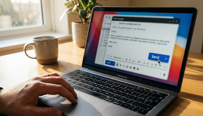 A first-person perspective shot looking at a laptop screen in a bright, sunlit home office. The screen shows a blurred e-mail draft, but the "SEND" button is sharp and in focus. The cursor is hovering right over the button, ready to click. The subject line of the email is visible and legible: "Business Update: 2026 Transition". The overall vibe is calm, decisive, and professional, with soft morning light streaming across the British keyboard.
