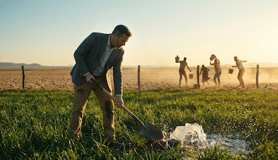 A cinematic landscape photograph featuring a business leader in smart-casual attire. They are out in a lush, green field, actively using a shovel to dig a well, with clear water just beginning to bubble up from the ground. In the far background, separated by a fence, there is a contrasting dry, cracked desert landscape where other frantic figures are looking at empty buckets. The lighting is golden hour, emphasizing foresight and preparation.