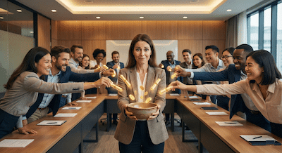 A medium shot inside a networking meeting room. A businesswoman stands at the head of the table, looking slightly vulnerable, holding out an empty ceramic bowl with both hands. Around the U-shaped table, twenty other professionals are leaning forward actively, not judging, but dropping glowing golden scrolls and tokens (representing referrals and help) into her bowl. The lighting highlights the supportive group action.