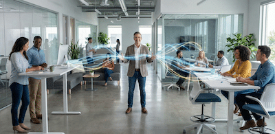 A medium shot of a modern, open-plan workspace that feels almost futuristic. A business leader in smart-casual attire stands in the center of the room, not ordering people around, but actively gesturing with their hands. From their hands, glowing, translucent blue and gold threads of light are extending outwards, weaving connections between various diverse, focused professionals working at different stations around them. The leader is the hub, facilitating the flow of light between the others. The mood is collaborative and energetic.