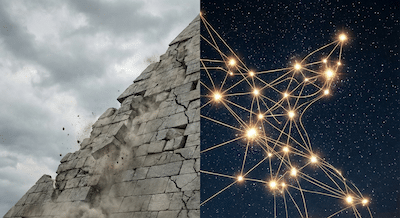 A conceptual photograph split down the middle. On the left side, a large, monolithic pyramid made of heavy, grey stone blocks is crumbling and cracking at its foundations under a dull, overcast sky. On the right side, against a deep, clear night sky, a vibrant network of brilliant, glowing stars is connected by visible lines of golden light, forming a dynamic constellation shape that seems to be in motion. The overall aesthetic is a dramatic contrast between decaying rigidity and vibrant energy.