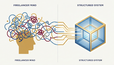 A split composition illustration. On the left side, a chaotic tangle of scribbles and colorful knots representing a freelancer's mind. On the right side, the lines untangle and form a clean, structured, glowing geometric cube. Minimalist flat design, corporate color palette (navy blue, white, gold), vector art style, high contrast, clean background.