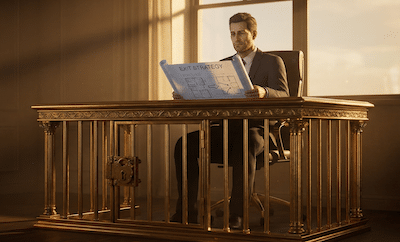 A 3D render of a businessman sitting at a desk made entirely of gold. The desk is beautiful but is actually a cage trapping his legs. He is looking at a blueprint for an exit. Cinematic lighting, soft shadows, metaphorical, unreal engine 5 style.
