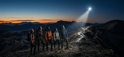 A wide-angle landscape photograph at twilight. A small team of five distinct individuals, equipped for a journey, stands on a high mountain ridge. They are not looking at a map or a boss; they are all looking upwards toward a single, exceptionally bright star pulsing in the sky above a distant horizon. The star emits a beam of light that illuminates a path forward for them. The ground below them is complex and rugged, but their focus is unified on the guiding light. The style is inspirational and cinematic.
