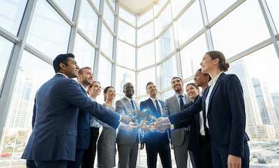 Interlocking teamA high-resolution, cinematic photograph of a diverse group of twelve business professionals, men and women in sharp corporate attire, standing in a modern, sunlit architectural atrium. They are arranged in a tight circle, looking inward and upwards with focused, collaborative expressions. Their hands are clasped in the center, visually forming the interlocking cogs of a complex, polished brass and steel engine gear system that is faintly glowing with blue energy. The background is slightly blurred but shows a bustling city skyline through massive glass windows. The lighting is natural and aspirational. The style is photographically realistic, emphasizing teamwork and precision structure.