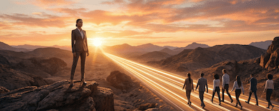 A wide-angle landscape photograph at sunrise, showing a confident business leader (a woman in a tailored suit) standing on a high vantage point overlooking a rugged, challenging terrain. The sun is low behind her, casting a long, distinct shadow forward onto the landscape. Instead of darkness, her shadow is a glowing, paved, multi-lane highway that cuts through the rough terrain. Behind her, a team of people are stepping onto this illuminated path, looking ready to run. The overall mood is brave, inspirational, and forward-looking.