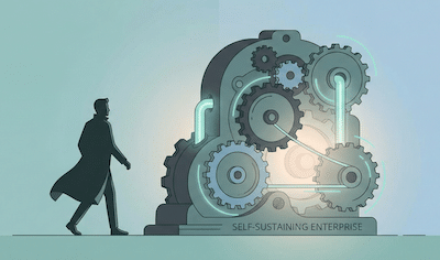 A conceptual illustration of a silhouette figure stepping out of a complex machine. The machine continues to run smoothly with gears turning and lights glowing without the figure inside. Symbolizing a self-sustaining business. Shades of teal and grey, clean lines, modern editorial style.