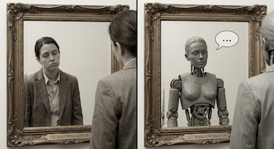 A surreal, conceptual photograph inside a bustling business networking mixer. In the dead center of the room, a businessperson in a suit is sitting comfortably in a plush, red velvet movie theater seat, holding a tub of popcorn and wearing 3D glasses. They are looking expectantly at the surrounding crowd as if watching a screen, while everyone else stands around them holding drinks. A spotlight shines solely on the seated person.