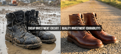 A photographic diptych (split screen) comparing business investments. On the left side, a pair of cheap, worn-out, cracking synthetic boots are covered in mud and standing in a puddle of water. On the right side, a pair of well-maintained, high-quality handcrafted leather boots are polished to a shine, standing on dry, solid, sunlit ground. The lighting emphasises the textures of decay versus durability.