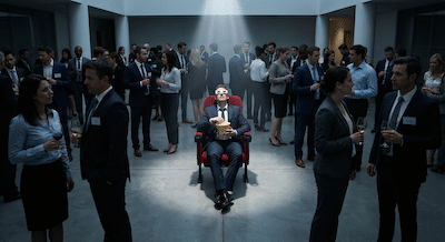  A surreal, conceptual photograph inside a bustling business open networking event In the dead centre of the room, a businessperson in a suit is sitting comfortably in a plush, red velvet cinema seat, holding a tub of popcorn and wearing 3D glasses. They are looking expectantly at the surrounding crowd as if watching a screen, while everyone else stands around them holding drinks. A spotlight shines solely on the seated person.