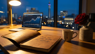 Open leather notebook with the handwritten words "FALL IN LOVE WITH THE GRIND."