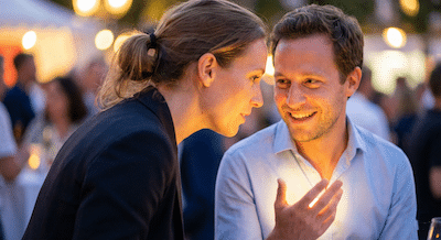 A close-up candid shot of two people talking at an event. One person (the listener) has their back partially to the camera, leaning in with active, genuine interest. The other person (the speaker) is facing the camera, smiling broadly and gesturing animatedly with their hands. A warm, golden, bioluminescent glow emanates from the speaker, lighting up the face of the interested listener, symbolizing the energy of a good connection.