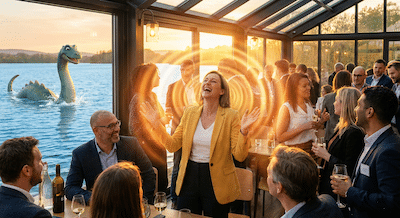 A dynamic, bright photograph of a lively networking event. In the center, one person is laughing joyfully, and visible ripples of warm light are spreading outwards from them, brightening the faces and postures of the people immediately surrounding them. Through a large window in the background, looking out onto a lake, the head and neck of a friendly Loch Ness monster are visible, actively swimming and making a splash in the water.