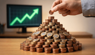 A conceptual still life illustrating "marginal gains." A large, impressive mountain structure made entirely of hundreds of small British pennies, pound coins, and gold pieces is growing higher. A hand is gently adding just one more small coin to the very peak of the pile. The background is a subtly blurred upward-trending financial graph on a screen.
