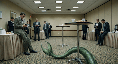 A wide-angle landscape photograph of a beige, drab hotel conference room. Business people stand in awkward, sparse clusters, looking down at their phones or staring blankly into space. The lighting is fluorescent and flat. The atmosphere feels stagnant and gray. In the immediate foreground, curled around the leg of a high-top cocktail table, is a scaly, green sea monster tail, subtle and unnoticed by the guests