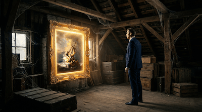 Rembrandt-style oil painting of a merchant ship at sea in a loft