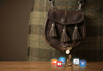 A detailed photograph of a traditional, quality leather Scottish sporran hanging against a textured tweed fabric. A small, hidden tear at the bottom seam of the sporran is leaking a steady stream of gold coins that are falling and scattering onto a pile of modern digital subscription icons (small logos for cloud storage, streaming services, software apps). The mood is one of quiet, unnoticed loss of wealth.