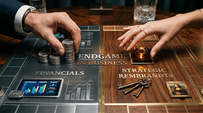 he game board is split: one side is cold, metallic, labeled 'Financials' with stacked silver coins and digital screens showing bar graphs; the other side is warm, made of polished wood, labeled 'Strategic Rembrandts' with a small, glowing gemstone and antique keys.