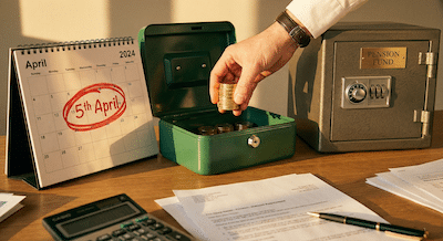 A conceptual financial shot illustrating a deadline. A desk calendar is prominently displayed with the date "APRIL 5" circled heavily in red ink. Next to it, a hand is carefully moving a neat stack of gold coins from an open cash box into a secure, locked metal strongbox labeled "PENSION FUND." The lighting is golden hour light, signifying the end of a period.