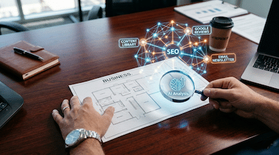 blueprint of a business structure, labeled 'Business.' When a magnifying glass with an 'AI Analysis' icon hovers over a blank section of the blueprint, it suddenly projects upwards a glowing, translucent 3D holographic network of nodes