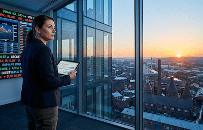 a determined businesswoman standing in a high-rise glass office overlooking an industrial city landscape