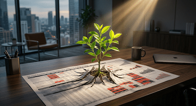 A striking, photorealistic image of a sleek, modern corporate desk. On the desk is a complex, intimidating spreadsheet or business report. Bursting straight through the center of the paper is a vibrant, healthy, bright green sapling. A single, warm ray of sunlight cuts through a dimly lit room to illuminate the plant. Symbolises realism (the difficult report) with hope attached (the growing plant).