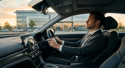 A cinematic shot from the passenger seat of a car looking at the driver. A professional in business attire is sitting in the driver's seat of a parked car. Their hands are resting calmly on the steering wheel, their eyes are closed in a peaceful expression, taking a deep breath. Through the windsreen, a modern office building is visible in the soft, warm light of early morning. A moment of mental preparation and intentionality.