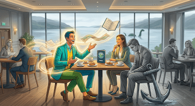 A creative, metaphorical illustration set in a modern cafe. A group of four professionals sits at a table. One person (the "Engine") is brightly colored, smiling, and seems to be generating a subtle, warm breeze that lifts the papers on the table. Another person (the "Anchor") is rendered in dull, heavy grayscale tones, sitting slumped with a stylized, heavy iron ship anchor resting by their feet. The contrast between the energy makers and energy drainers is visually striking.