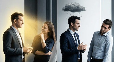 A split-screen conceptual photograph of two different networking conversations. On the left, a person is listening to a speaker who is radiating a warm, soft, glowing yellow light, making the listener smile and lean in (feeling lighter). On the right, a person is listening to a speaker who has a literal small, dark, heavy rain cloud hovering over their head, making the listener look drained and defensive (feeling heavier). High contrast, emotive, modern business attire.