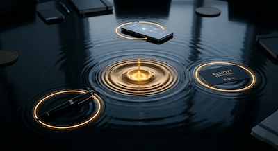 A top-down photograph of a dark, polished boardroom table that looks almost like a calm, reflective body of water. In the center, a single drop of glowing, golden liquid has just hit the surface, creating perfect, expanding concentric ripples of warm light that touch various business items scattered on the table (a pen, a business card, a smartphone). Symbolises the multiplier effect of a positive attitude in a network.