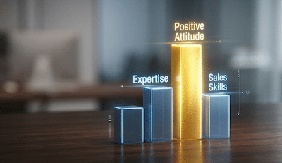 A modern, conceptual 3D illustration. A sleek, glowing bar graph on a dark wooden table. The tallest and brightest bar is a vibrant, luminous gold, labeled "Positive Attitude." The shorter, muted blue bars next to it are labeled "Expertise" and "Sales Skills." The lighting is dramatic and focused on the golden bar, highlighting its importance. Professional, corporate aesthetic.