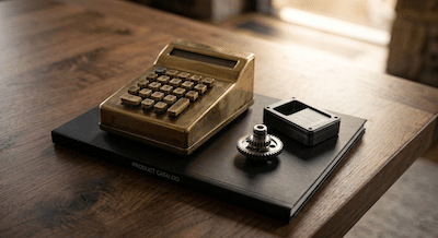 heavy brass calculator and physical prototypes (gears, metal casing) resting on a catalogue